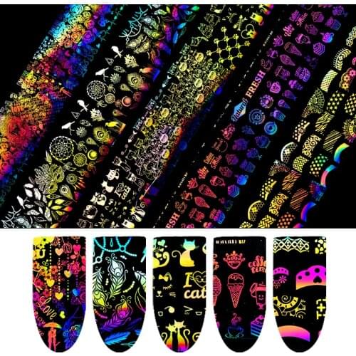 4*20cm 10pcs Holographic Laser Nail Foil Unicorn Flower Cartoon Manicure Nail Art Transfer Sticker Decorations