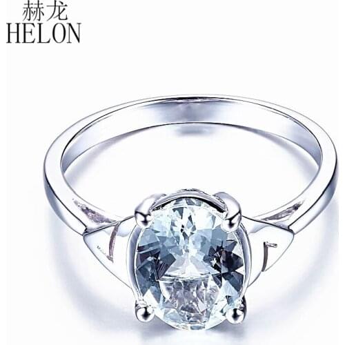 HELON Beautiful Solid 14k White Gold AU585 Certified Oval 9x7mm Natural Aquamarine Engagement Wedding Gemstone Fine Jewelry Ring