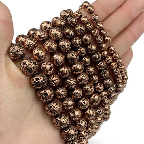 MKTREG Natural Red bronze copper Lava Stone Hematite 4/6/8/10/12MM Round Loose beads for Jewelry bracelets making DIY Accessorie