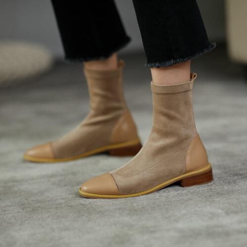 Sweet Female Chelsea Boots Women Genuine Leather Square Heels Women Warm Socks Ankle Boots Dancing Party Shoes Woman