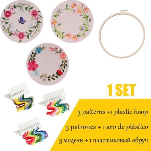 3 pieces/set DIY Flower Embroidery Kit with Hoop Pattern printed Cross Stitch Needlework Art for Beginner Handmade Craft