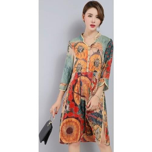 New Fit Basic Retro Ethnic Style Printed Mulberry Silk Large Size Loose Half Sleeves Elegant Vintage Summer Holiday Dress