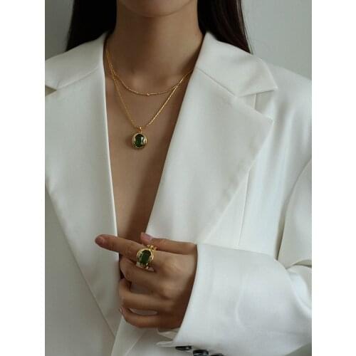 Brass Green Stone Pendant Necklace Women Jewelry OL Designer T Show Runway Party Boho Elegance Top Rare Trendy Japan Korean INS
