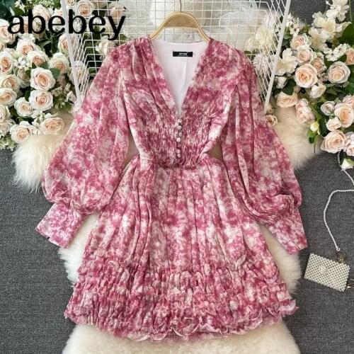 2021 New Summer French Vintage V-neck Lantern Sleeve Dress high waist pleated waist single breasted print A-line Dress