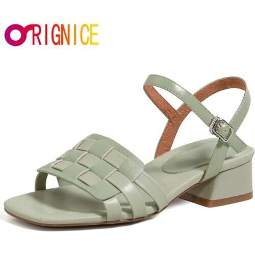Orignice 2021 Genuine Leather Sandals Designer Women Thick Heel Female Weave Luxury Brand Ladies Woven Square Toe Party Shoes