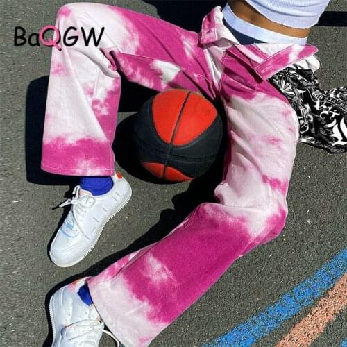 BaQGW Blue Sky Print Casual Streetwear Dye Tie Sweatpants 2020 New Hip Hop High Waist Zipper Loose Straight Trousers Outwear