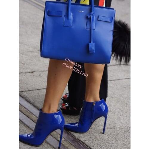 Blue Patent Leather Ankle Booties High Heel Stiletto Sexy Pointed Toe Side Zipper Solid Office Ladies Shoes Women Dress Pumps