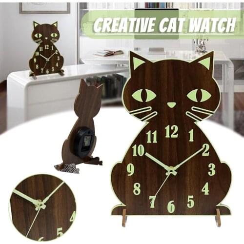 Luminous Wall Clock Europe Creative Cute Cat Quartz Clocks Wooden Quiet Non-Ticking Clock Battery Operated For Living Room
