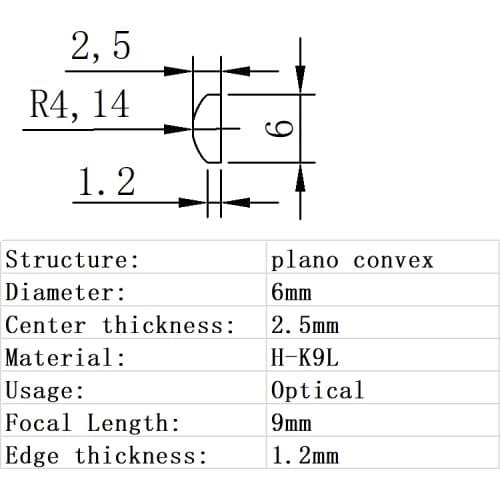 Plano Convex Lens Diameter 6mm Focal Length 9mm H-K9L Glass Lens Optical Glass Optical Lens