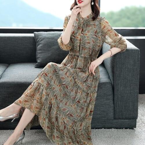 High Quality 100% Silk Spring Summer Dress 2021 Elegant Floral Dress Female Midi Dresses for Women Casual Vestidos Pph4114