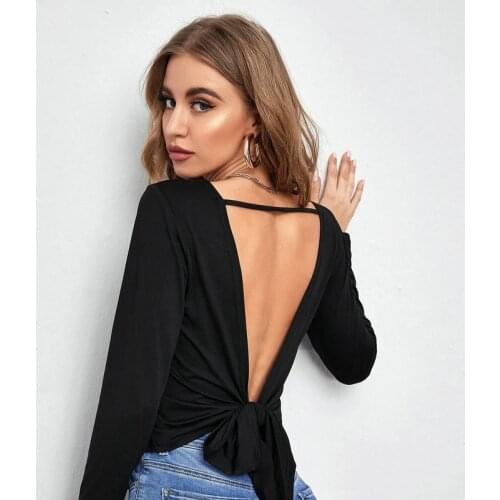 Women Sexy Blouse Solid Color Bandage Backless Top Tee O-neck Long Sleeve Sport Women Casual Slim Blouse Blusas De Mujer