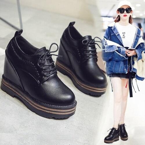 Heighten womens shoes 10cm thick bottom plus velvet 2019 new wild ultra-high heel lace-up wedge shoes black leather shoes