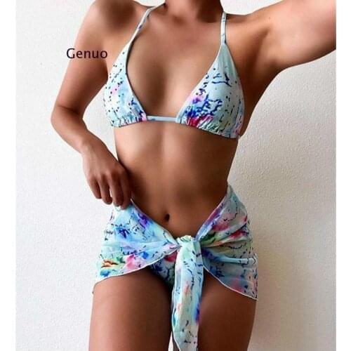 Women 3 Pieces Sets Brazilian Biquini Tie-Dye Print Diamond Sexy Thong Swimsuit Drawstring Bandage Backless Triangle Beachwear