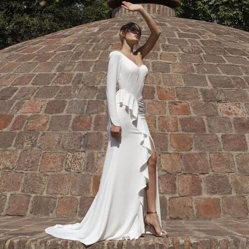 Magic Awn Vintage Chiffon Mermaid Wedding Dresses One Shoulder Long Sleeves Side Split Simple Bridal Gowns Cheap Robe De Mariee
