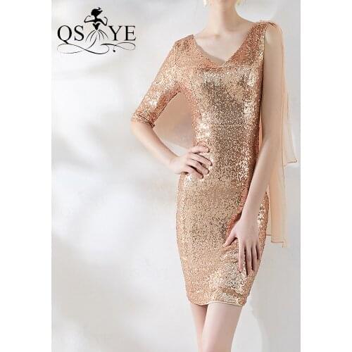 One Shoulder Ribbon Gold Evening Dress V Neck Long Sleeves New Prom Gown Glitter Sheath Party Dress Golden Sequin Formal Dress