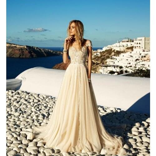 2021 Light Champagne Wedding Dresses Off The Shoulder Boho Beach Chiffon Lace A Line Appliques Long Bridal Gowns Robe De Mariee