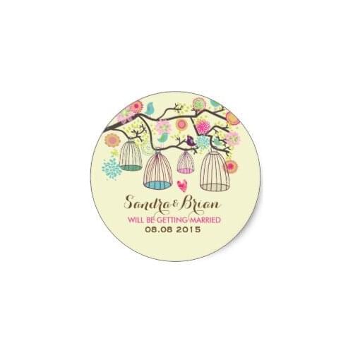 3.8cm Hanging Bird Cages & Retro Flowers Wedding Sticker