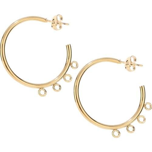 6pcs 30mm Stainless Steel Gold/Black/Silver Tone Earring Findings C Shape Ear Studs with 4 loops