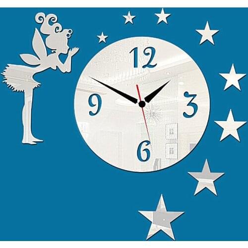Free Shipping Wall Sticker Clocks Angel and Stars Mirror Surface Wall Clock Kids Room Decoration DIY Quartz Mute Single Silver