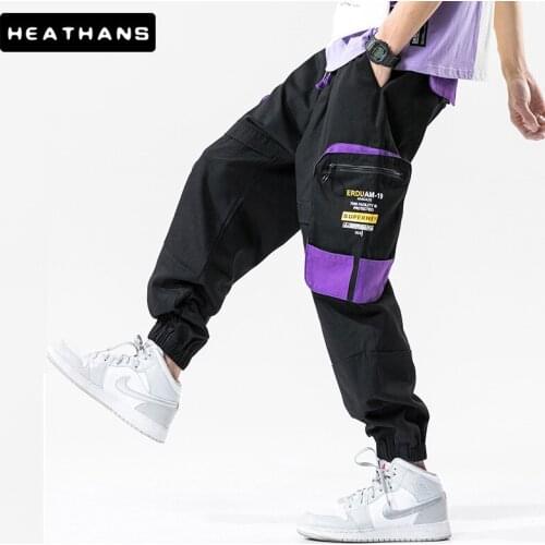 Spring Autumn Mens Casual Pants Mens Large Pocket Loose Color Contrast Letter Printed Trousers For Male Mid Elastic Waist Pants