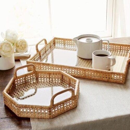 Trays decorative Handmade polygonal rattan tray with handle Size L