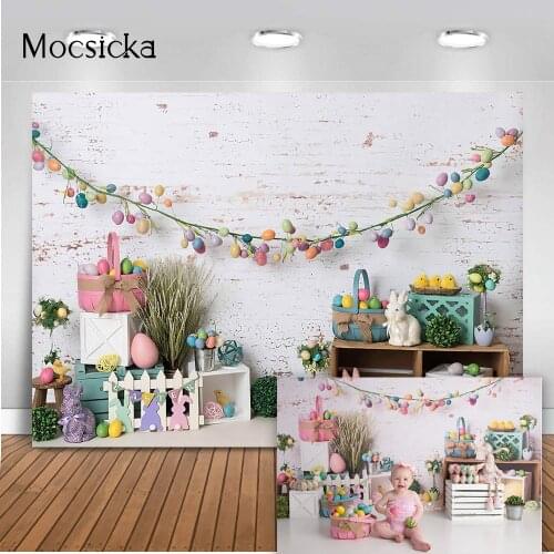 Easter Egg Backdrop White Brick Wall Newborn Kids Baby Shower Portrait Photo Booth Background Rabbit Cake Cmash Birthday Props