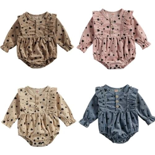 0-18M Lovely Baby Girls Boys Bodysuits LOVE Heart Print Ruffles Long Sleeve Jumpsuits 4 Colors
