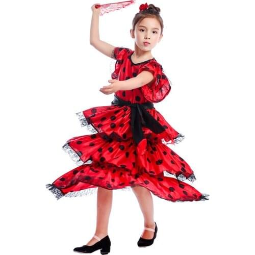Red black satin solid Spanish flamenco skirt lace up girls dance attire 360-720 degrees girls ballroom mother daughter dress