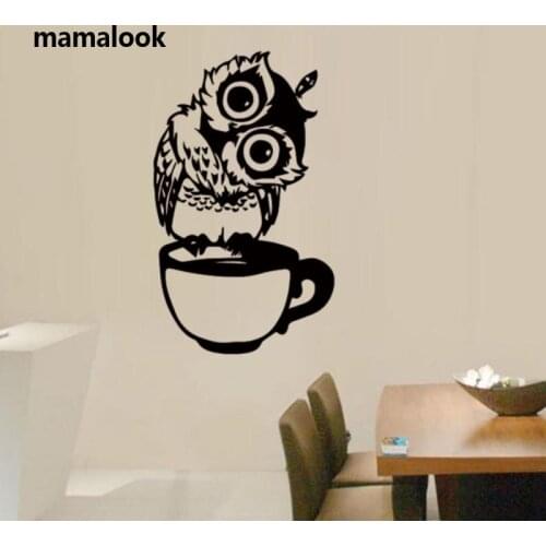 Cute Cartoon Owl on Mug Wall Stickers Coffee Decorative Decal for Kitchen Dining Room Vinyl Stickers for Coffee Bar Home Decor