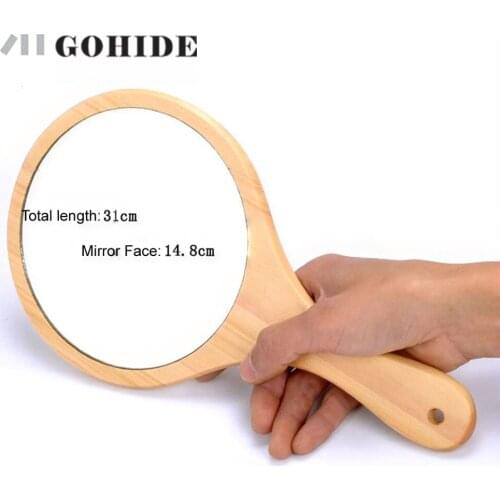 JUH Gohide Fashion Handmade Wood Handle Pocket Wood Mirror Vintage Wood Small Detachable Mirror Desktop Single Face Mirror Press