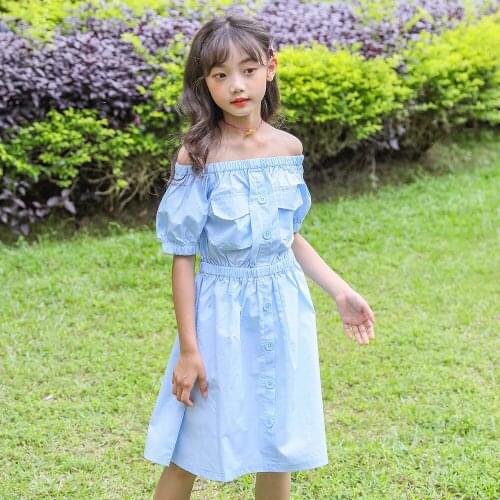 Girls' Dress 2020 New Sky Blue Short Sleeve Cotton Dress Korean Baby Clothes Baby Girl Clothing