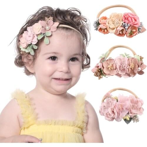 10pc/lot Newborn Baby Pearl Flower Nylon Headband Girls Artificial Flower Nylon Elastic Hairbands Toddler Kids Hair Accessories