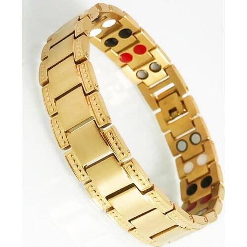 Exquisite Gold Plated Stainless Steel Bracelets for Men Health Care Energy Therapy Magnetic Pain Relief Arthritis Bangles Link