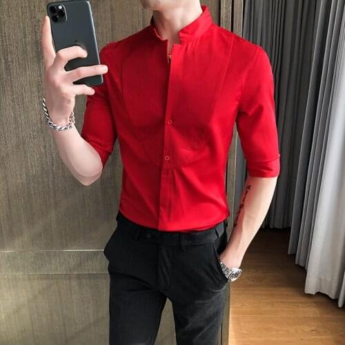 Chinese Style Luxury Shirts Men Stand Collar Solid Summer Business Shirt High Quality Social Slim Half Sleeve Mens Dress Shirt
