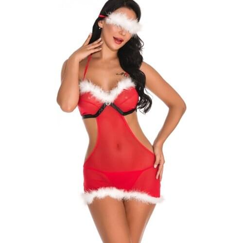 Christmas New Sexy Womens Set Women Sexy Nightwear, See-Through Dress, Mesh Deep V-Neck Plush Neck-Hanging Backless Lingerie