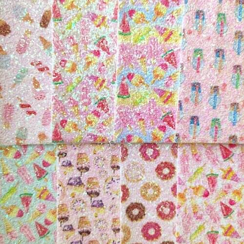 135x30cm Ice Cream Colorful Printed Pink Shinny Chunky Glitter PU Leatherette Fabric Sheet for Making Shoe Bag Hair Bow Craft
