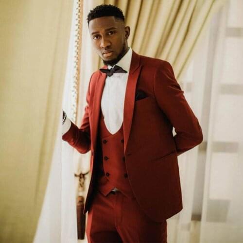 Wine Groom Tuxedos Peak Lapel Three Pieces Groomsmen Mens Suits Wedding Wear (Jacket+Pants+Vest+Tie) Costume Homme
