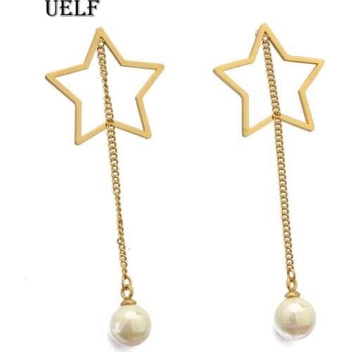 Uelf 2019 New Style Bling Brincos Hollow Star Long Tassel Drop Earrings for Women Pearl Earing Fashion Jewelry