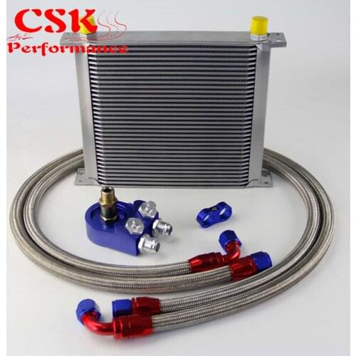Universal 34 Row 248mm AN10 Engine Transmission Oil Cooler British Type + Aluminum Filter Adapter Kit Blue/Black