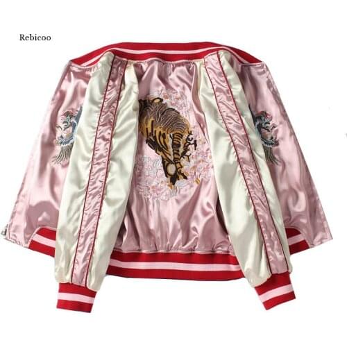 Women Basic Jacket Tiger Crane Embroidered Double-sided Wear Baseball Bomber Jacket Short Casual Loose Female Coat Streetwear