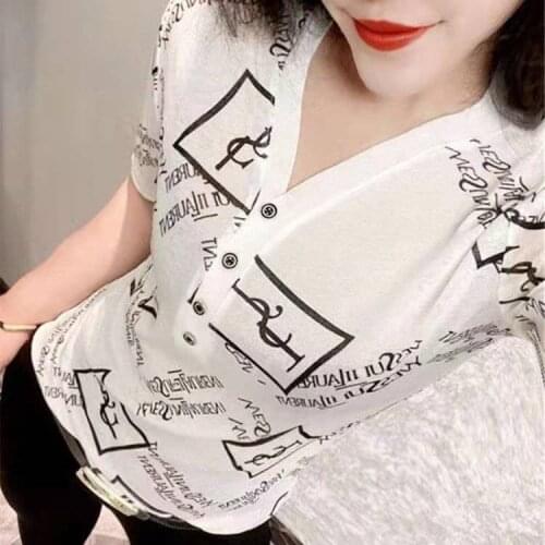 Western style T-shirt womens 2021 summer style fashion short sleeve letter printed T-shirt womens top with thin V-neck