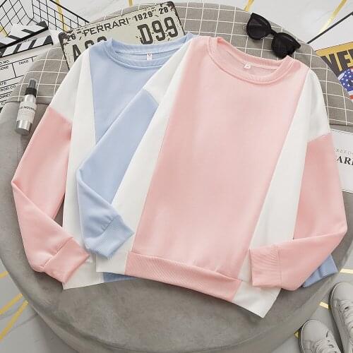 Kpop Fashion Hoodies Women Color Block Splicing Kawaii Sweatshirt Casual Raglan Drop Shoulder Fleece Jumper Harajuku Pullovers