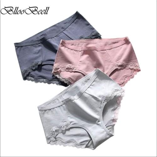 BllooBeell 3pcs Cotton Women Underwear Sexy Lace Panties Womens Briefs Mid Low-Rise Girls Cute Underpants Solid Ladies Lingerie
