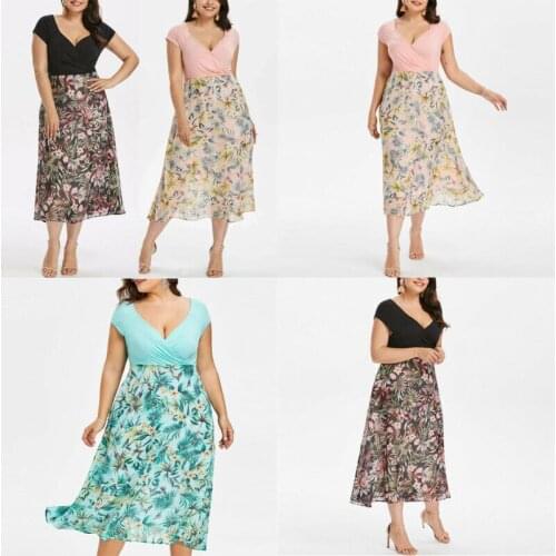 Womens Loose Midi Dresses V Neck Wrap Chiffon Short Sleeve Plus Size