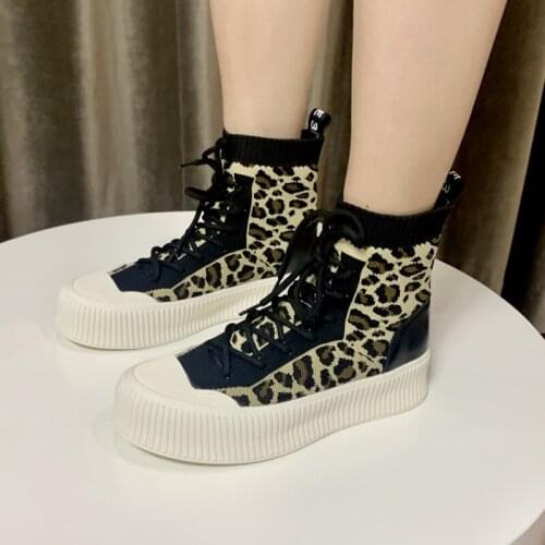 New High-top Knitting Shoes Ladies Fashion Leopard Matching Lace-up Sneakers Comfortable And Breathable Single Shoes Women