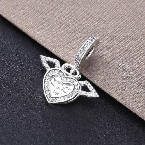 Authentic 925 Sterling Silver Charm New Heart-shaped Angel Wing Creative Pendant Fit Pandora Women Bracelet&necklace Diy Jewelry