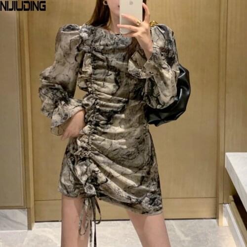 Retro Elegant Tie Dye Print Women Chiffon Dresses 2021 Spring Puff Sleeve O-Neck Pleated Lace Up Sexy Short Mini Dress Vestidos