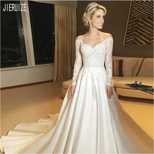 JIERUIZE Elegant Long Sleeves Satin Wedding Dresses Off the Shoulder V Neck Appliques Button Back Wedding Gowns robe de mariee