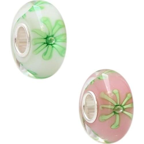 925 Sterling Silver Large Hole Colorful 3D Green grass ribbon Flowers Murano Glass Charm Beads Fit European Bracelet Jewelry