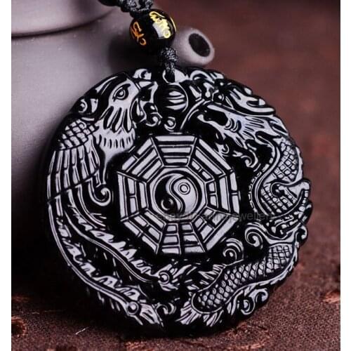 Free shipping 100% Natural Obsidian Hand Carved Dragon Phoenix Lucky Pendant + Necklace